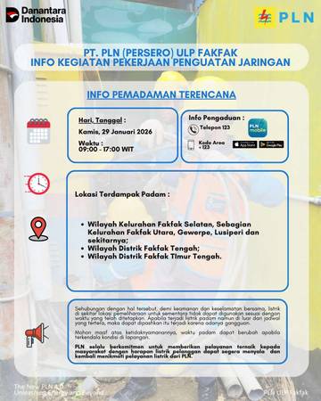 Penguatan Jaringan, PLN ULP Fakfak Lakukan Pemadaman Terencana 