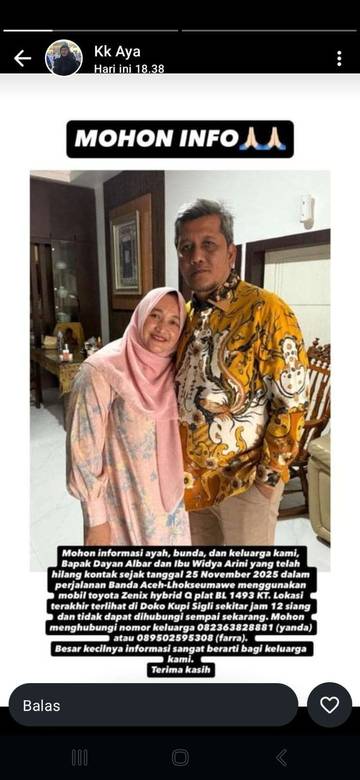 Asisten Setdakab Aceh Utara dan Istri Hilang Kontak