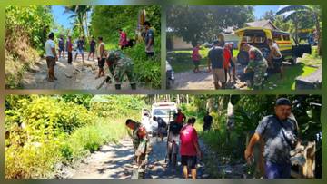 ​Babinsa dan Warga Alude Gotong Royong Perbaiki Jalan